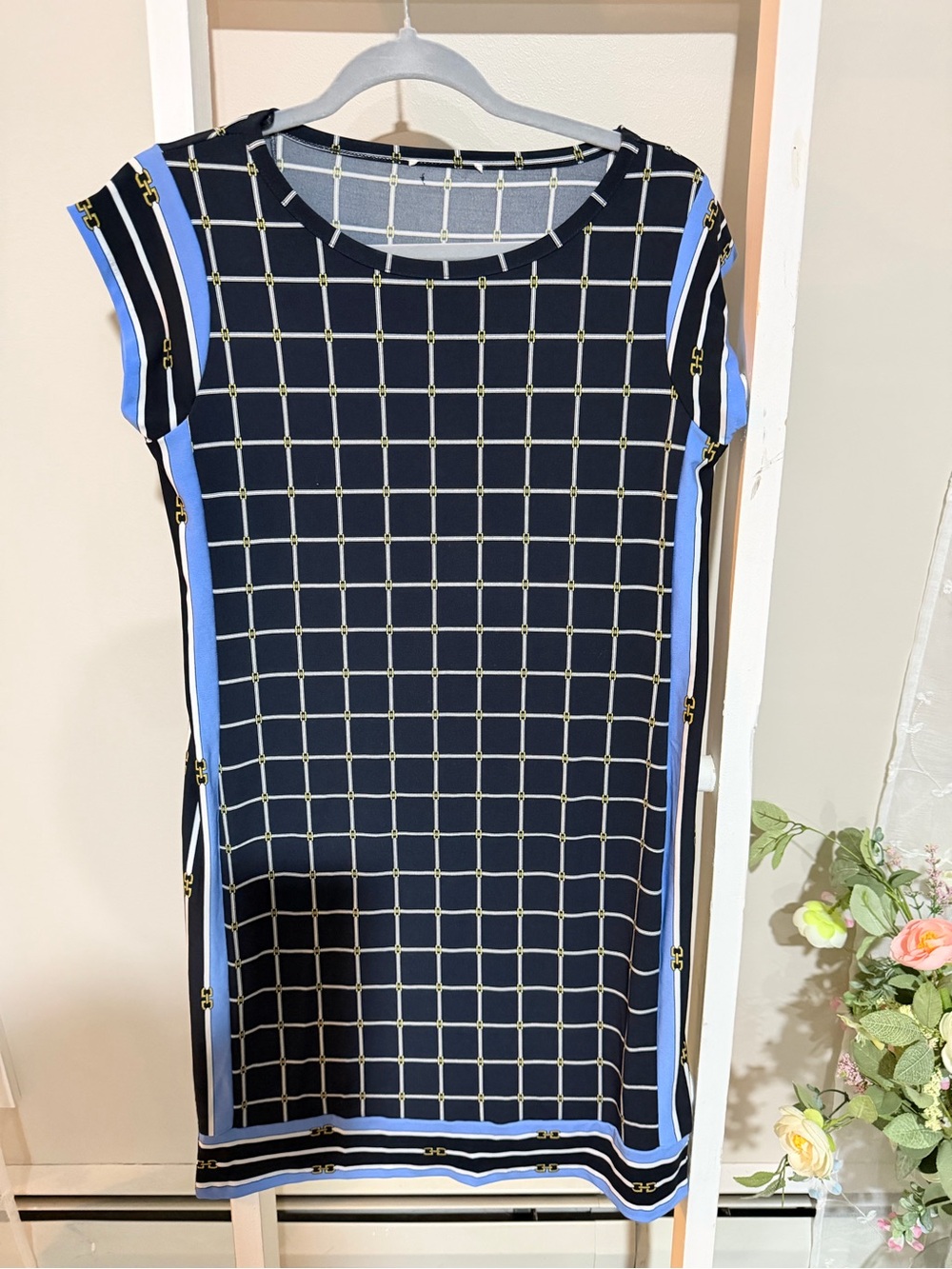 Michael Kors Navy Grid Midi Dress with Light Blue Stripes